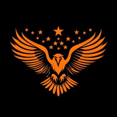 Fototapeta premium Fierce orange eagle, stars, black background, graphic design, emblem, for logo or print