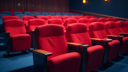 Obraz premium Luxurious Red Movie Theater Seats in a Dimly Lit Empty Cinema