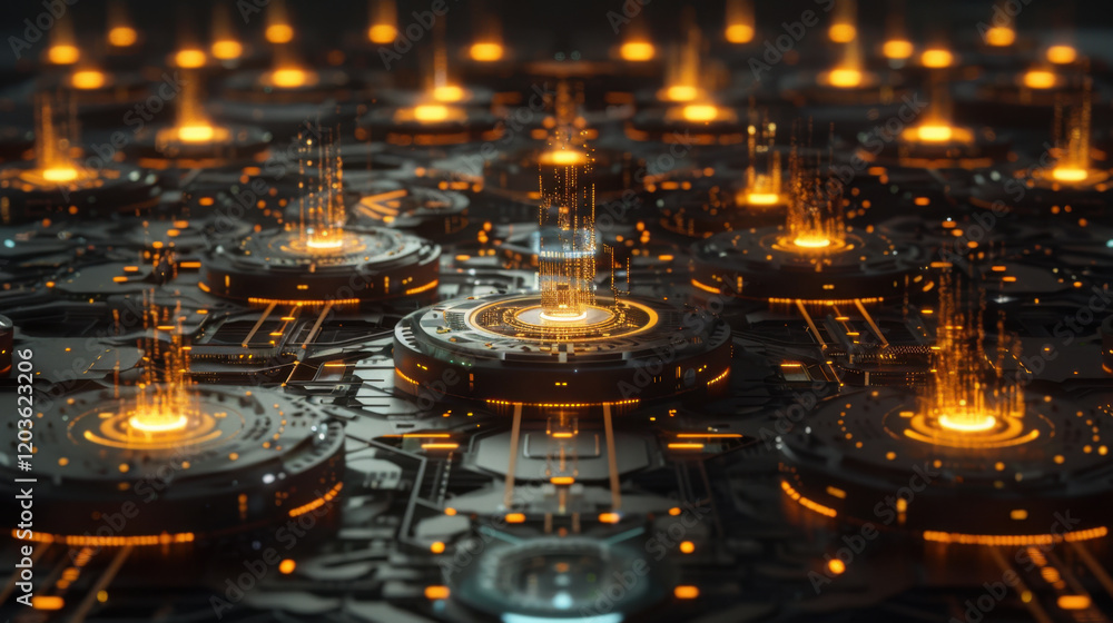 Poster futuristic technology with glowing circuits and data streams, showcasing digital landscape of interc