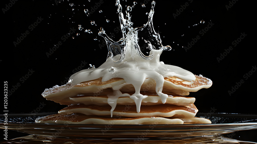 Poster milk splashing over a stack of pancakes with syrup dripping down