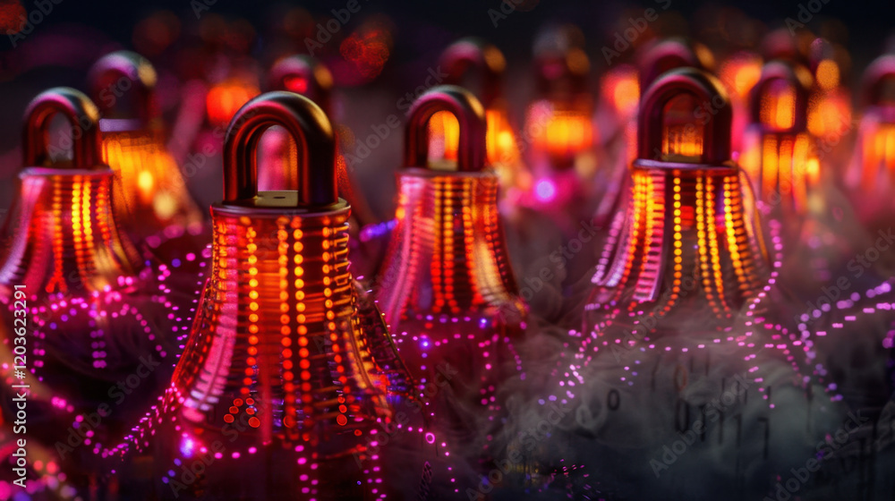 Poster glowing decorative bells with vibrant colors and intricate patterns create mesmerizing atmosphere. w