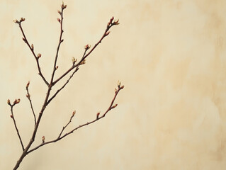 Delicate branch with budding blossoms against a soft, neutral background