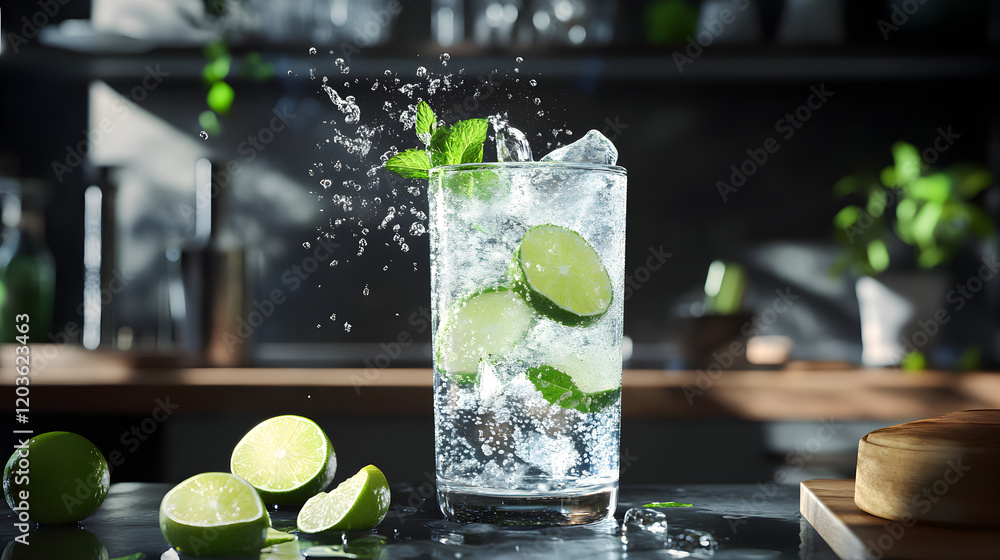 Poster sparkling water splashing with floating slices of lime and mint leaves