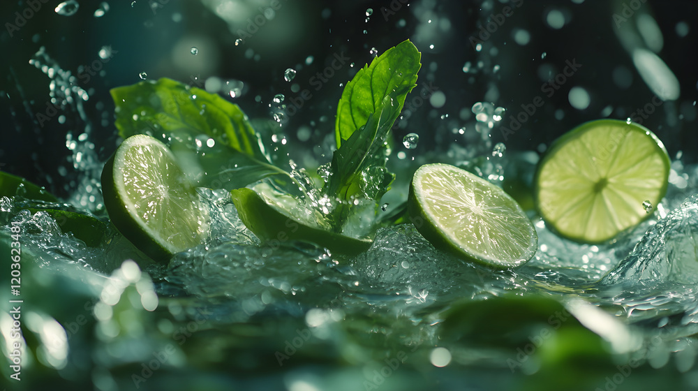 Poster Sparkling water splashing with floating slices of lime and mint leaves