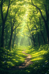 Naklejka premium Dreamy illustration of a sunlit forest path surrounded by lush greenery and gentle light beams