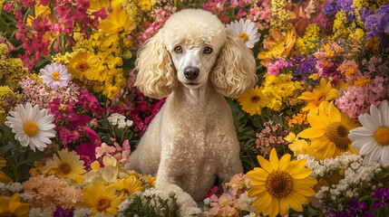 Cute curly-haired poodle among flowers