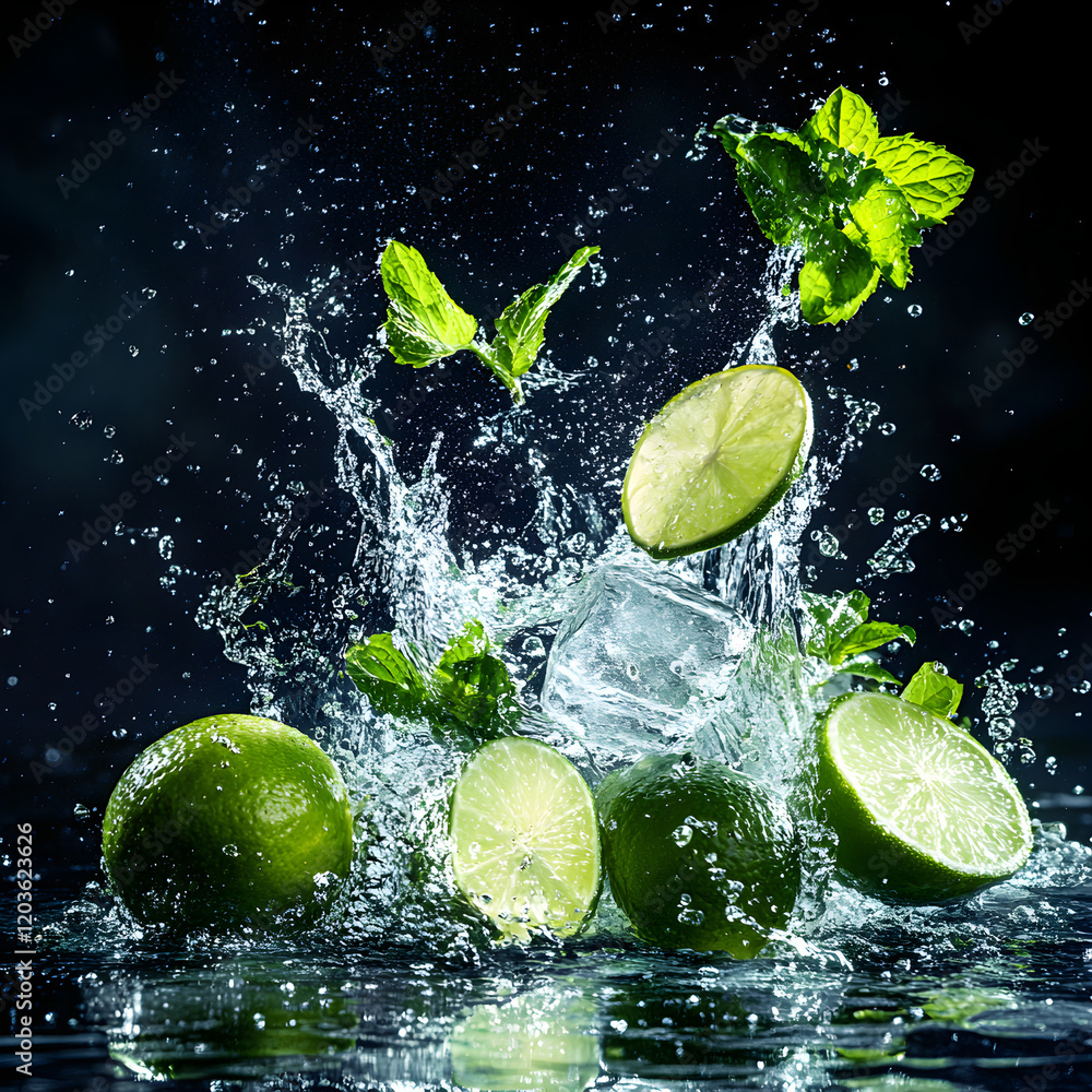 Poster sparkling water splashing with floating slices of lime and mint leaves
