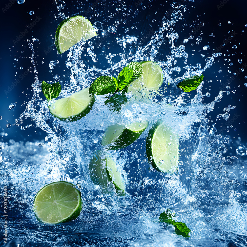 Poster sparkling water splashing with floating slices of lime and mint leaves