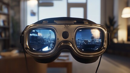 Fototapeta premium A virtual reality headset with glowing blue and pink lights on a dark surface.