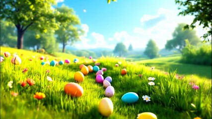 rolling easter eggs in the grass. Easter eggs slide down the slope covered. Sunny positive climate. Beautiful surroundings and cheerful animation. - Powered by Adobe
