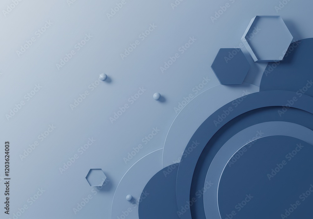 Poster a 3d abstract composition of geometric shapes, including hexagons and layered curved surfaces in var