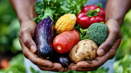 Farmer's hands holding fresh produce, garden background, healthy eating concept