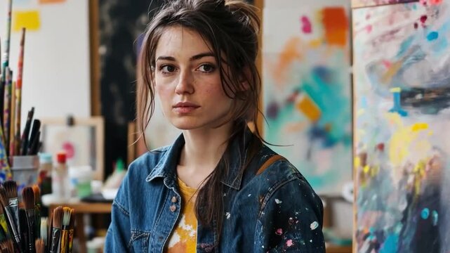 This video captures an artist deep in her creative space. The vibrant background and her focused gaze evoke inspiration and artistic passion. Perfect for art related themes. Generative AI