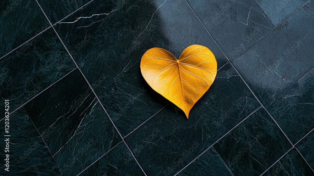 Poster a golden heart-shaped leaf rests on a dark tiled surface, creating a striking contrast in color and 