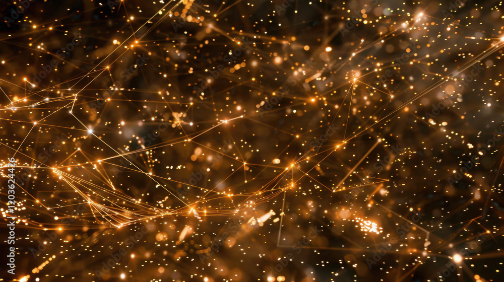Poster abstract golden light particles and lines creating dynamic background, evoking sense of energy and m
