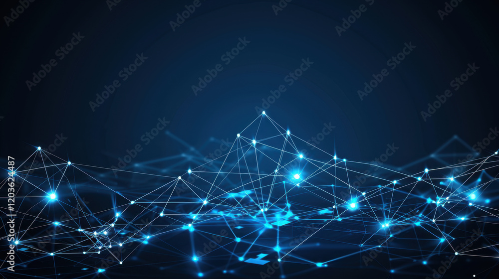 Poster abstract digital network with glowing blue connections and nodes, representing technology and data f