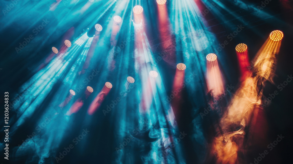 Poster vibrant stage lights illuminate smoky atmosphere, creating dynamic visual experience. interplay of c