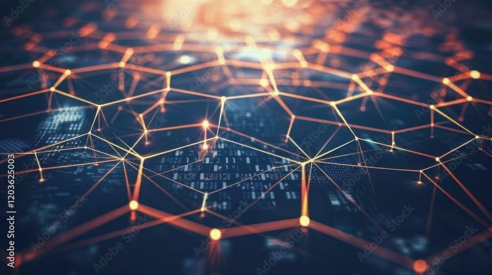 Poster close up view of digital network with interconnected nodes and glowing lines, representing technolog