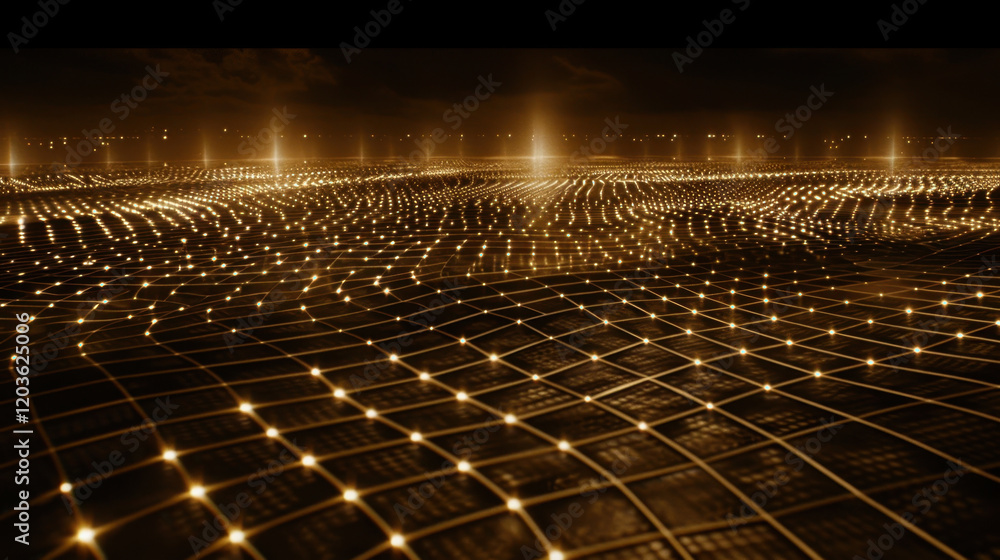 Poster mesmerizing landscape of glowing lights creates dynamic grid pattern, evoking sense of depth and mov