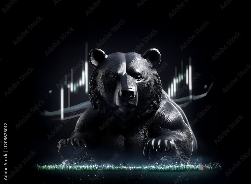 Aufkleber A powerful black bear statue, symbolizing the stock market, sits majestically against a dark background illuminated by dynamic candlestick chart patterns.  The image evokes concepts of market trends a
