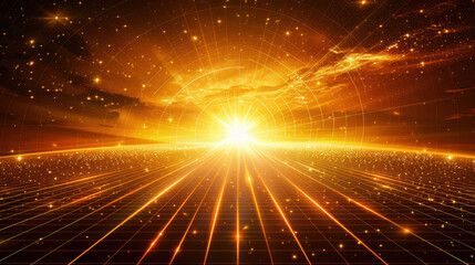Naklejka premium vibrant cosmic landscape featuring radiant light beams and grid pattern, evoking sense of infinite space and energy. warm golden hues create mesmerizing atmosphere
