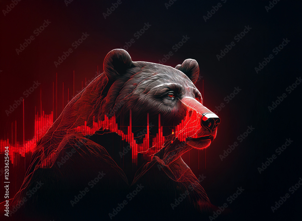 Aufkleber A digital rendering of a bear's head, overlaid with a red, dynamic graph suggesting market volatility.  The dark background enhances the dramatic effect.