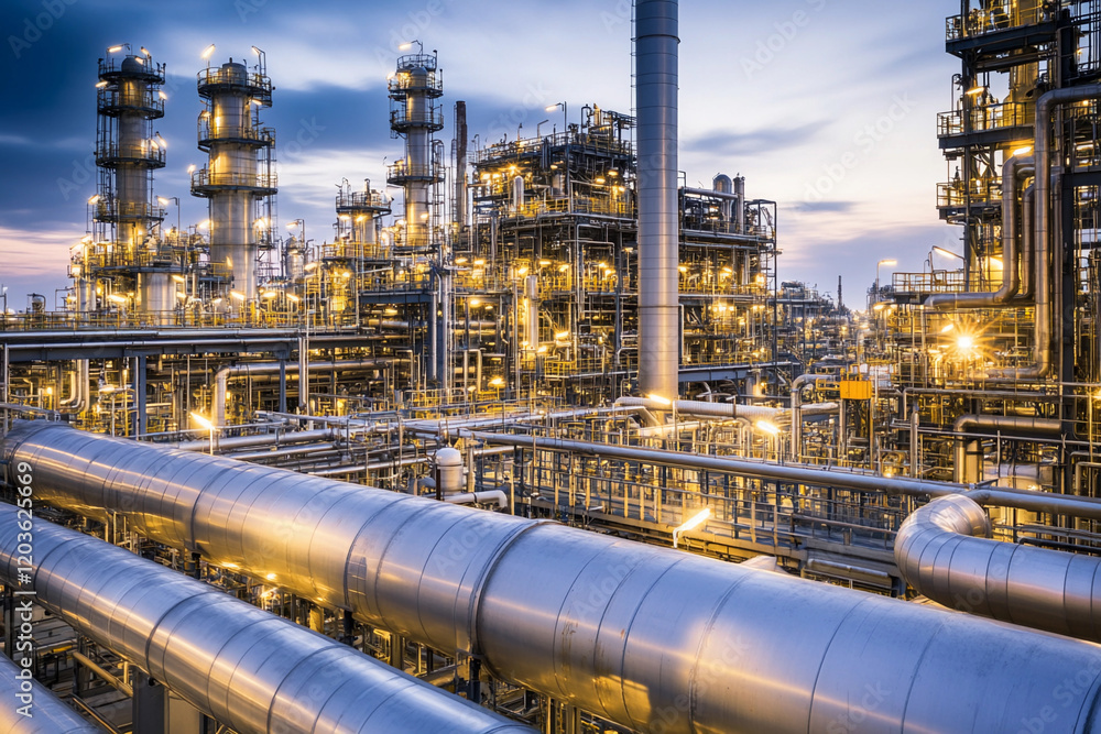 Poster industrial complex with pipelines and towers at dusk