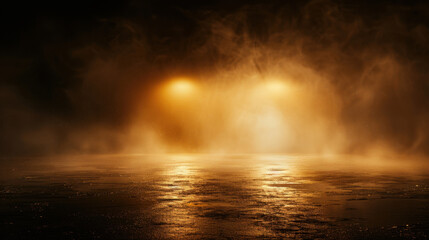 Mysterious foggy scene with glowing streetlights reflecting on wet pavement, creating atmospheric and moody ambiance