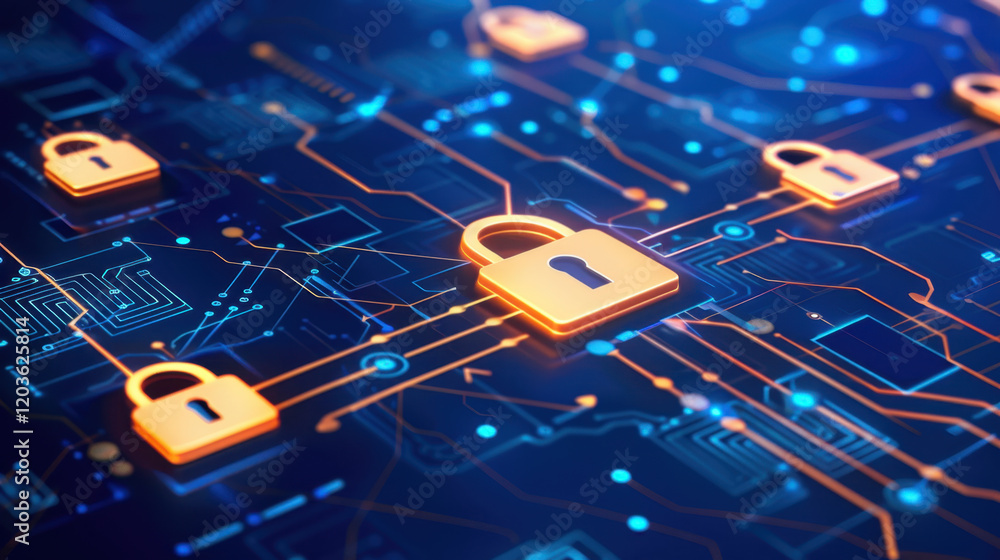 Poster digital security concept with padlocks on circuit board