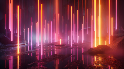 Obraz premium vibrant digital landscape featuring glowing vertical lights in shades of pink, orange, and purple, reflecting on dark, wet surface, creating futuristic atmosphere