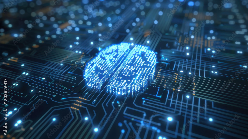 Poster digital representation of brain on circuit board, symbolizing artificial intelligence and technology