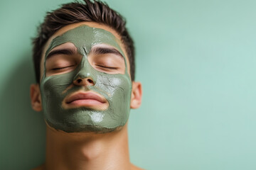 man with green clay mask on his face, men beauty spa concept