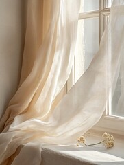 Soft fabric drapes gently by a sunlit window with delicate floral accents