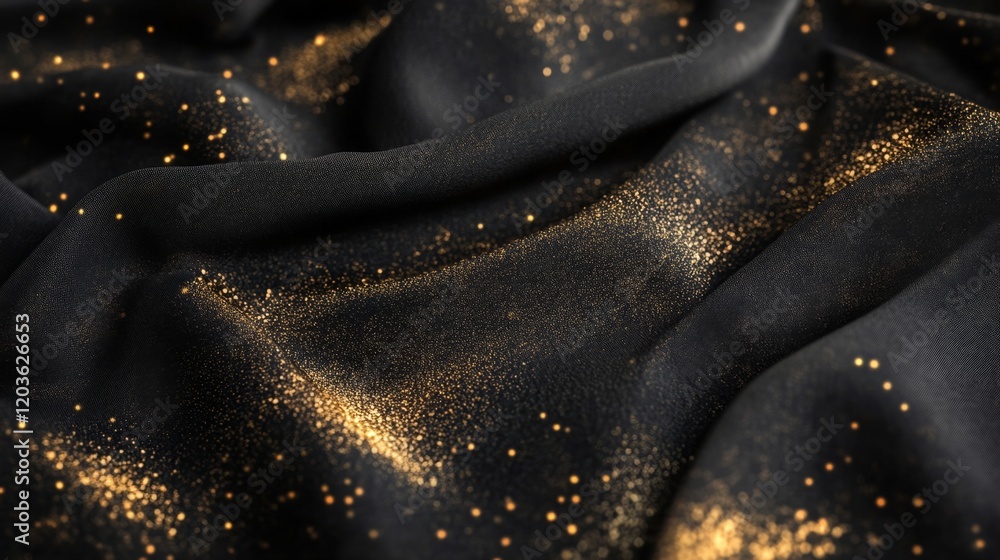 Poster black fabric with golden sparkles on soft textured surface