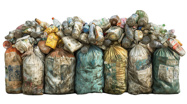 Transparent Garbage Bags Filled with Waste, Isolated on White Background for Environmental Projects
