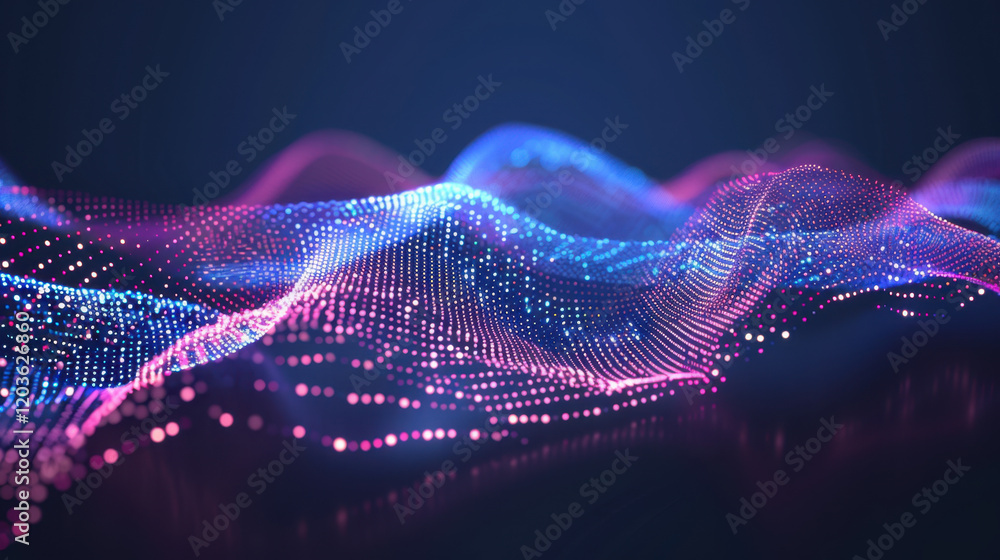 Poster digital wave patterns in vibrant pink and blue colors create mesmerizing visual effect. flowing line
