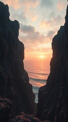 Wallpaper sunset through a narrow gap between two cliffs with ocean horizon.