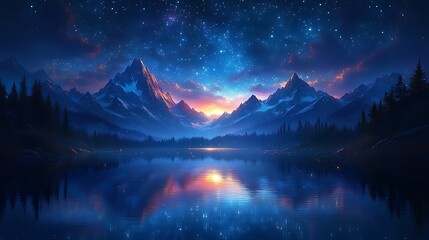 An enchanting scene of a starlit night sky over a calm lake, with the silhouettes of towering mountains creating an animated reflection on the water's surface ::2 celestial mirror, animated 