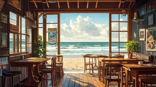 A charming beachfront caf&eacute; with wooden furniture, open windows framing a serene ocean view, and a warm, inviting coastal atmosphere