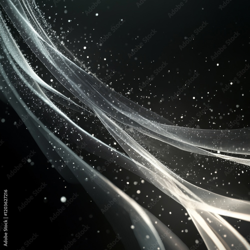 Poster ethereal light waves flowing through a dark background with sparkles