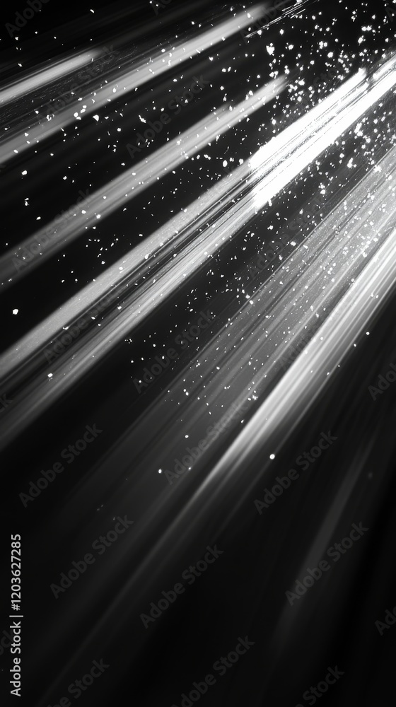 Poster dynamic light rays with glittering particles against dark background