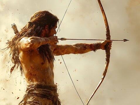 Captivating archery design, archer drawing a bowstring, aiming at a distant target, white background ::2 precision and focus, arrow flight, bullseye ambition, woodland setting, black background, 
