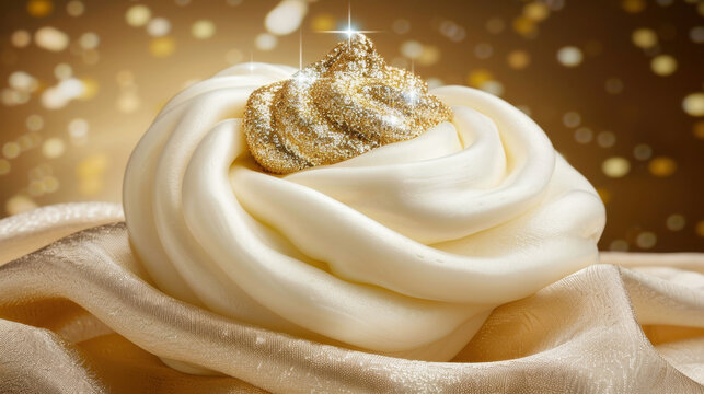 Luxurious cream swirl topped with golden glitter on soft fabric background, creating elegant and festive atmosphere