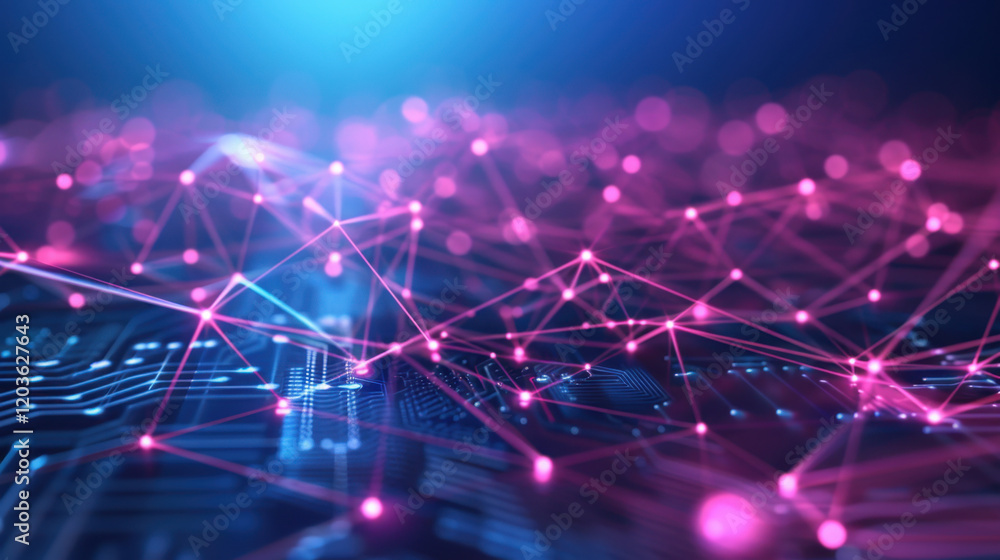 Poster vibrant digital network with interconnected nodes and glowing lines, showcasing technology and innov