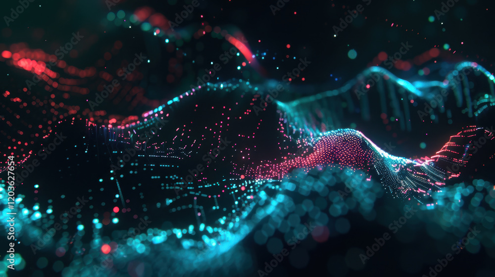 Poster Digital abstract waves in vibrant colors create mesmerizing visual effect. interplay of red and blue lights forms dynamic landscape, evoking sense of depth and movement