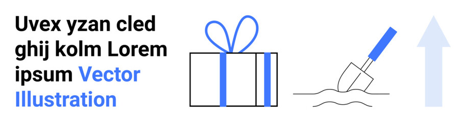 Gift box with blue ribbon, shovel digging into the ground, and upward pointing arrow. Ideal for themes of gifting, celebration, digging, growth, progress achievement and rewards. Landing page