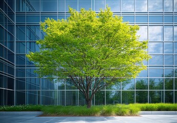 Lush Green Tree in Urban Landscape Surrounded by Modern Glass Architecture and Vibrant Grass, Illustrating the Harmony Between Nature and City Life