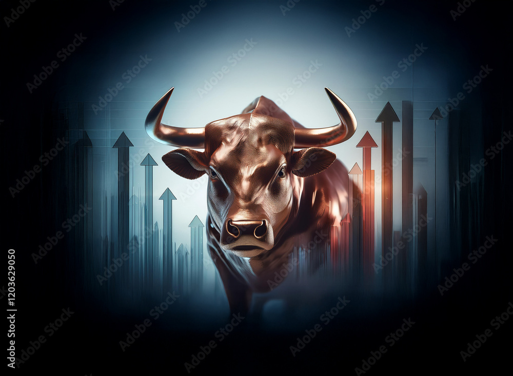Poster a bronze bull statue stands majestically against a backdrop of upward-trending arrows, symbolizing f