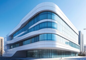 Obraz premium Modern Architectural Design of a Sleek Glass and Steel Building with Curved Facades, Reflecting Blue Sky and Urban Environment in Bright Light