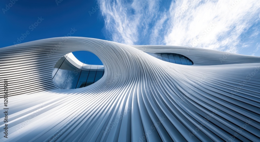 Poster modern architectural design with dynamic curves and unique features against a clear blue sky for use